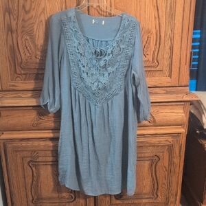 Relaxed Crochet Yoke Tunic Top — Blue